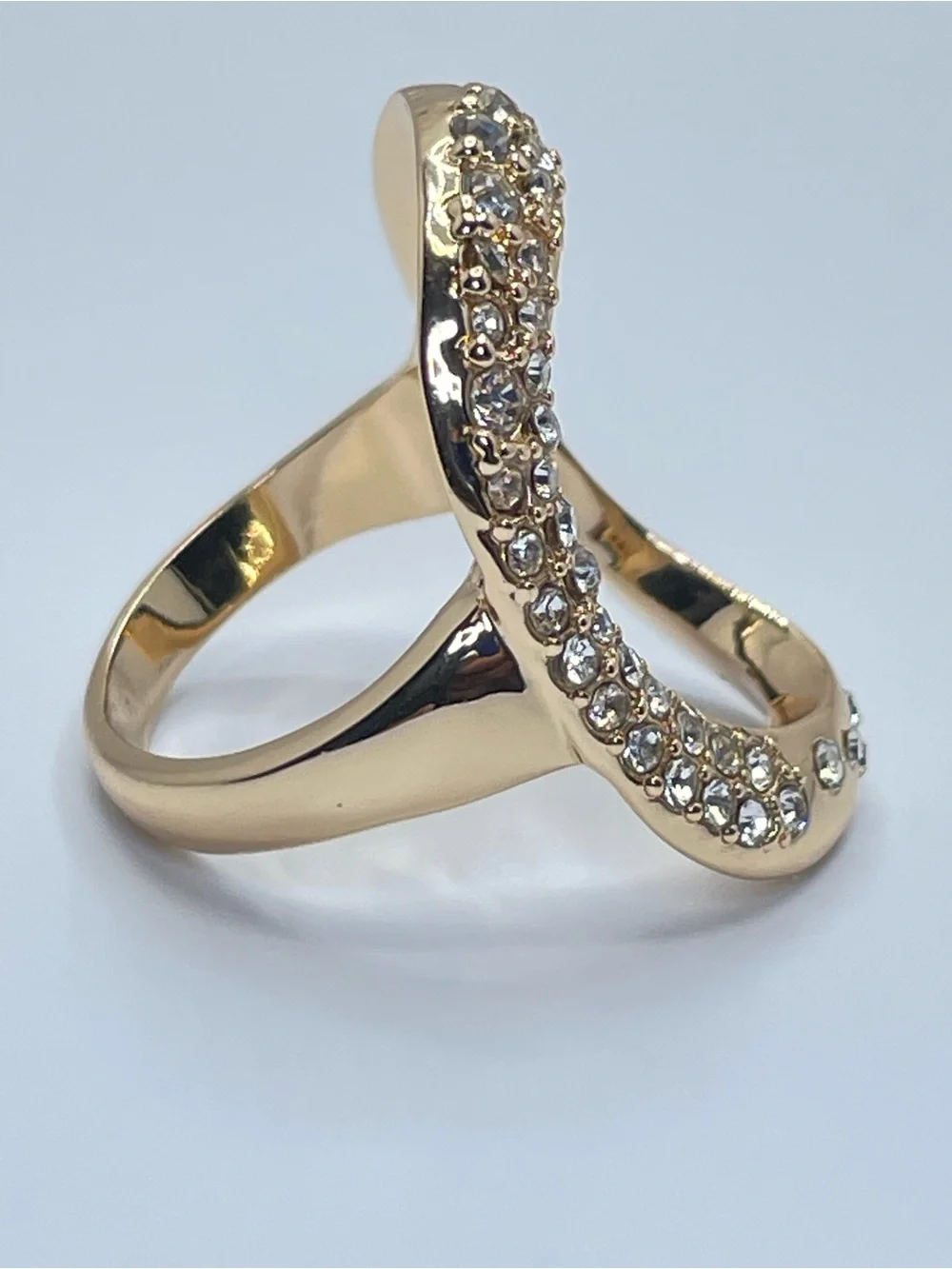 Gold Tone Open Oval Crystal Statement Ring Modern Glam Cocktail Ring